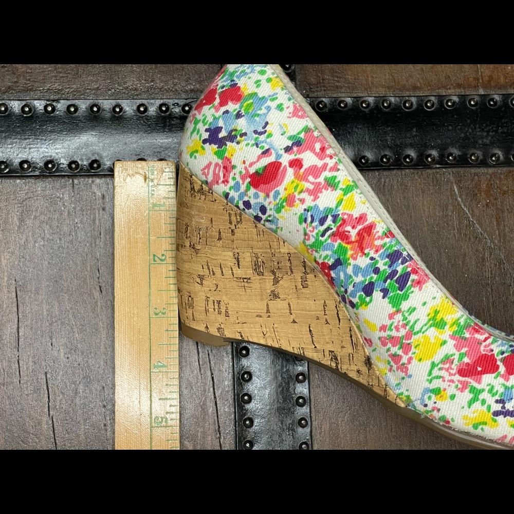 Aerosoles A2 canvas over cork look peep toe wedge. - Picture 2 of 4